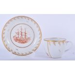 EARLY 19TH C. COALPORT RARE BUTE SHAPE TEACUP AND SAUCER PAINTED WITH SAILING SHIPS. Cup 6cm high