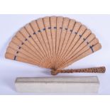 A 19TH CENTURY CHINESE CARVED SANDALWOOD FAN Qing, carved with figures within landscapes. 32 cm wide