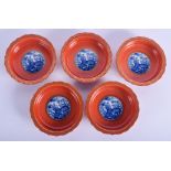 FIVE 19TH CENTURY JAPANESE MEIJI PERIOD CORAL GROUND BOWLS. 16 cm wide. (5)