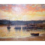 WILLIAM J KING (British) UNFRAMED IMPRESSIONIST OIL ON CANVAS, signed, boats in a harbour. 43 cm x 5