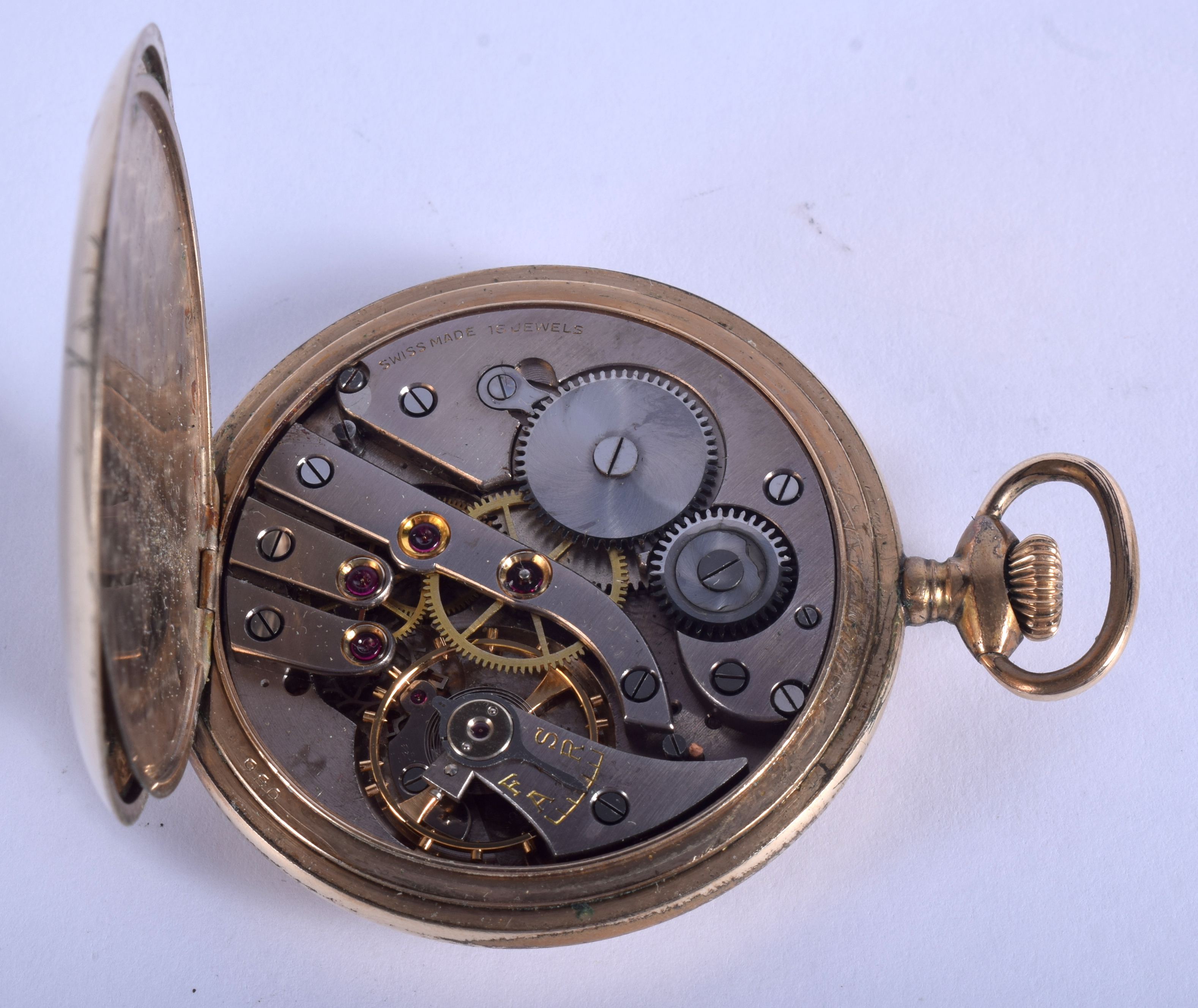 A VINTAGE GOLD PLATED POCKET WATCH. 5 cm wide. - Image 4 of 4