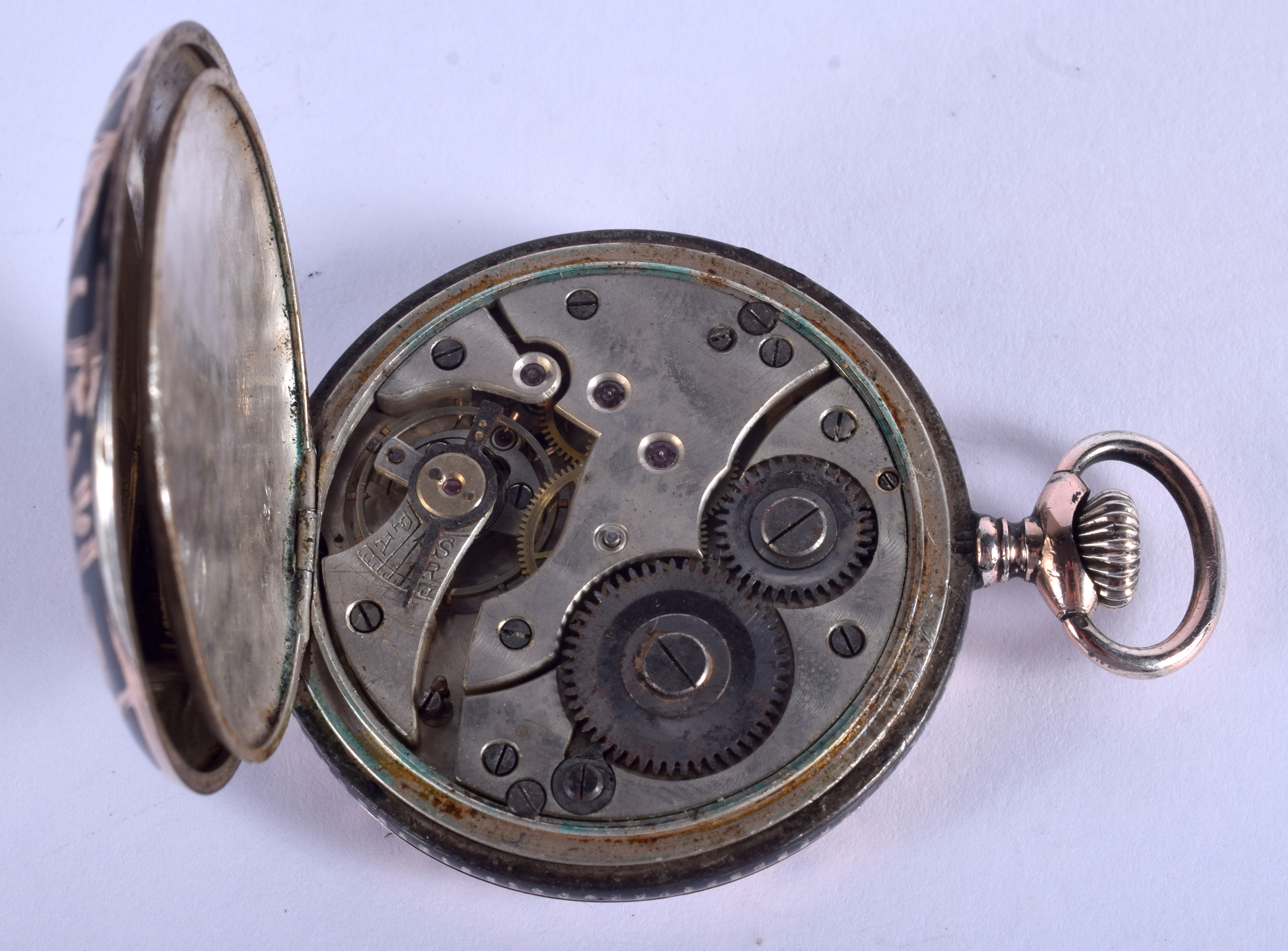 A SILVER NIELLO POCKET WATCH. 4.5 cm wide. - Image 5 of 5