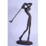 AN ABSTRACT BRONZE SCULPTURE IN THE FORM OF A GOLFER, formed with elongated legs. 25 cm high.