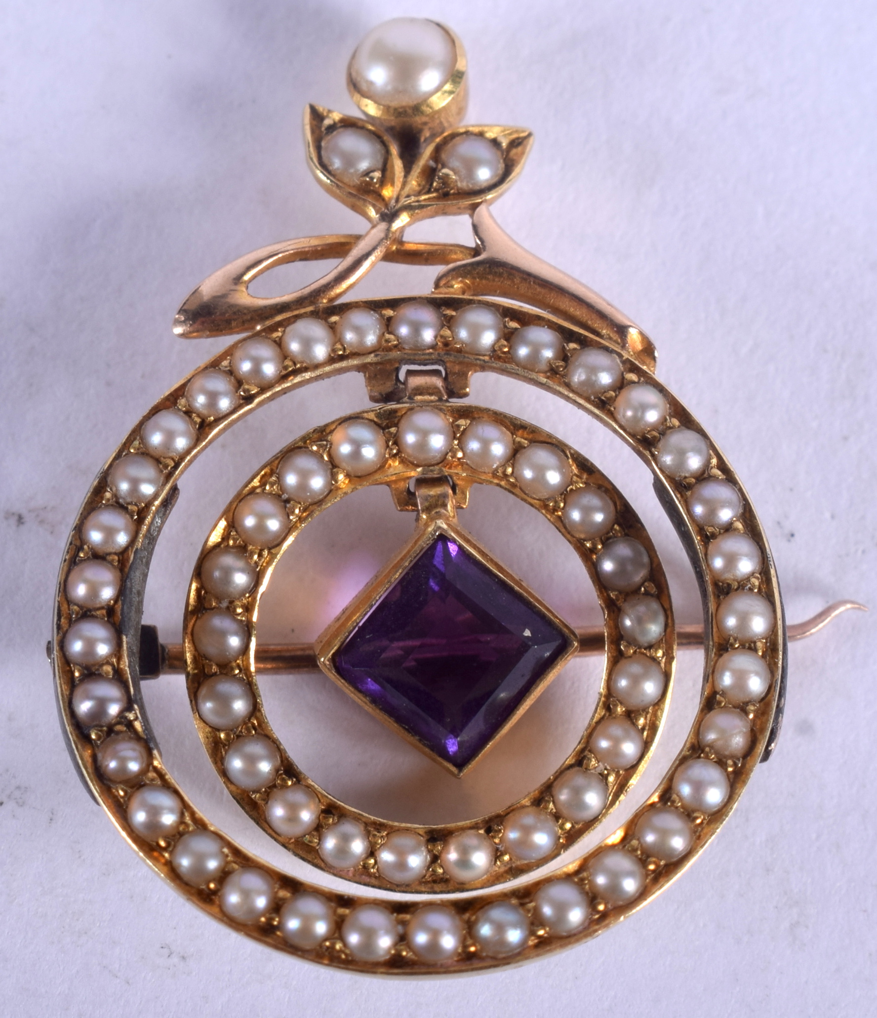 AN EDWARDIAN NEO CLASSICAL PEARL AND AMETHYST FOB. 3.8 grams. 2 cm x 2.5 cm.