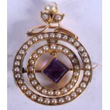 AN EDWARDIAN NEO CLASSICAL PEARL AND AMETHYST FOB. 3.8 grams. 2 cm x 2.5 cm.