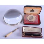 A VINTAGE SILVER AND CRYSTAL PAPER WEIGHT together with a cheroot etc. (4)