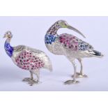 A PAIR OF ANTIQUE CONTINENTAL SILVER FIGURES OF BIRDS C1880, encrusted with sapphires and rubies. 6.