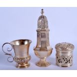 A VICTORIAN SILVER CHRISTENING MUG together with a silver box & silver pepper pot. Silver 6.9 oz. (3