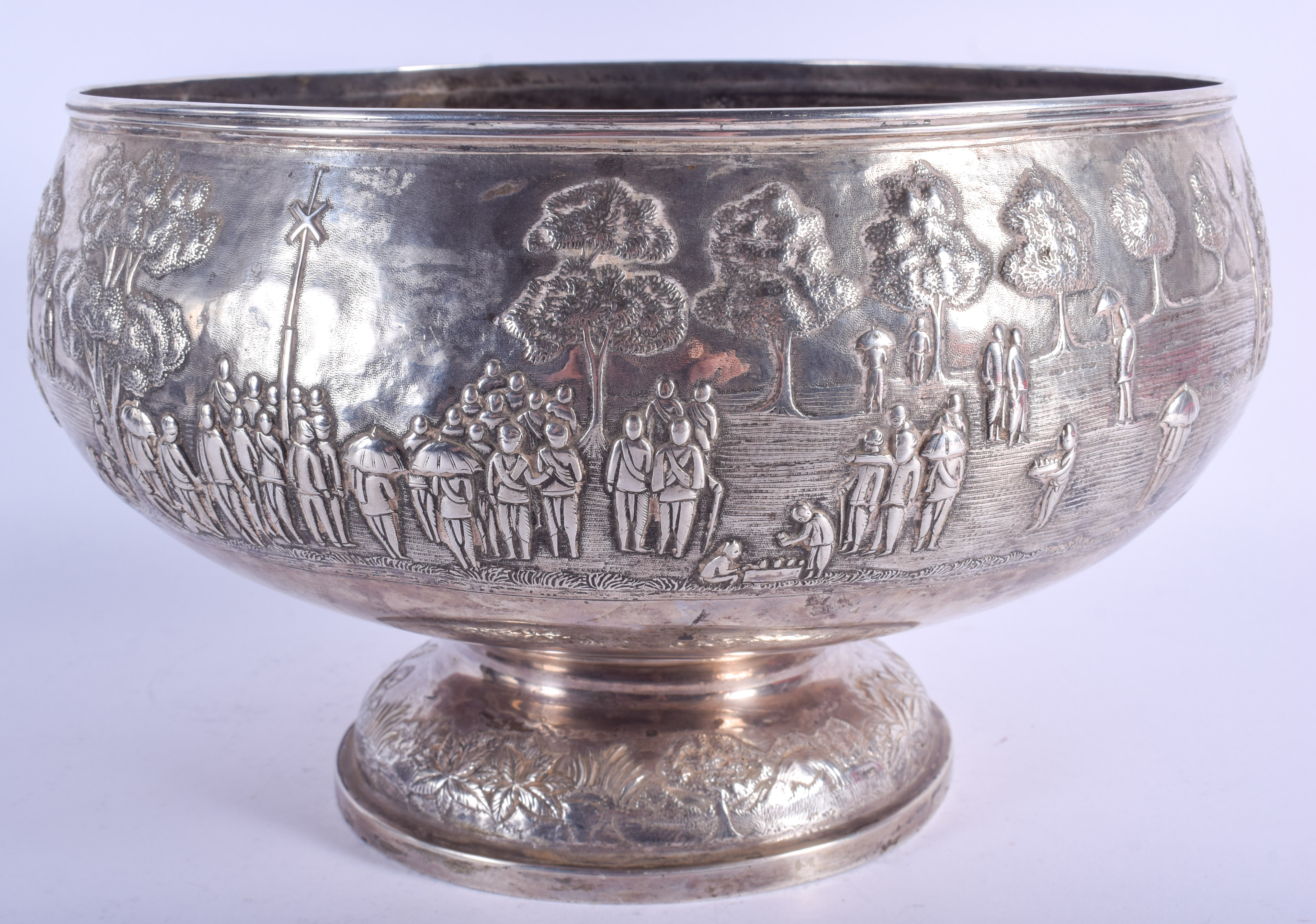 A GOOD 19TH CENTURY INDIAN COLONIAL KUTCH SILVER EMBOSSED BOWL decorated with figures within landsca - Image 3 of 6