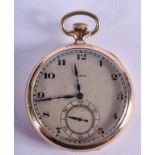 A 1930S ELGIN YELLOW METAL POCKET WATCH. 4.75 cm wide.