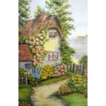 P GIBB (british) FRAMED WATERCOLOUR, signed, cottage in a landscape. 21 cm x 13.5 cm.