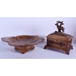 AN ANTIQUE BAVARIAN BLACK FOREST JEWELLERY BOX together with a musical stand. 28 cm & 17 cm wide. (2