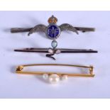 TWO ANTIQUE 9CT GOLD BROOCHES and a silver sweetheart brooch. Gold 3.4 grams. (3)