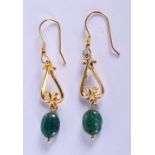 A PAIR OF YELLOW METAL AND JADE EARRINGS.