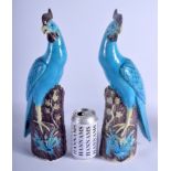 A PAIR OF EARLY 20TH CENTURY CHINESE TURQUOISE GLAZED HOHO BIRDS Late Qing/Republic. 36 cm high.