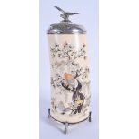 A FINE 19TH CENTURY JAPANESE MEIJI PERIOD SILVER AND IVORY TUSK VASE AND COVER decorated with birds