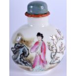 A CHINESE FAMILLE ROSE POIRCELAIN SNUFF BOTTLE, dcorated with Guanyin in a landscape. 6.5 cm x 5.25