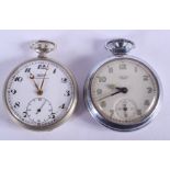 AN ART DECO TISSOT POCKET WATCH and another. 5 cm wide. (2)