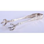 A PAIR OF VINTAGE STERLING SILVER SUGAR TONGS. 11 cm long.