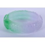 A CHINESE LAVENDER AND GREEN JADE BANGLE. 7.5 cm wide.