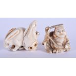TWO EARLY 20TH CENTURY JAPANESE MEIJI PERIOD CARVED IVORY NETSUKES. Largest 5 cm x 2.5 cm. (2)