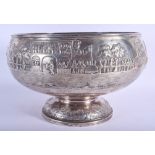 A GOOD 19TH CENTURY INDIAN COLONIAL KUTCH SILVER EMBOSSED BOWL decorated with figures within landsca