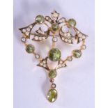 A VICTORIAN GOLD SEED PEARL AND PERIDOT BROOCH. 5.3 grams. 4 cm x 3.5 cm.