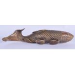 A CHINESE BRONZE FISH. 25 cm wide.