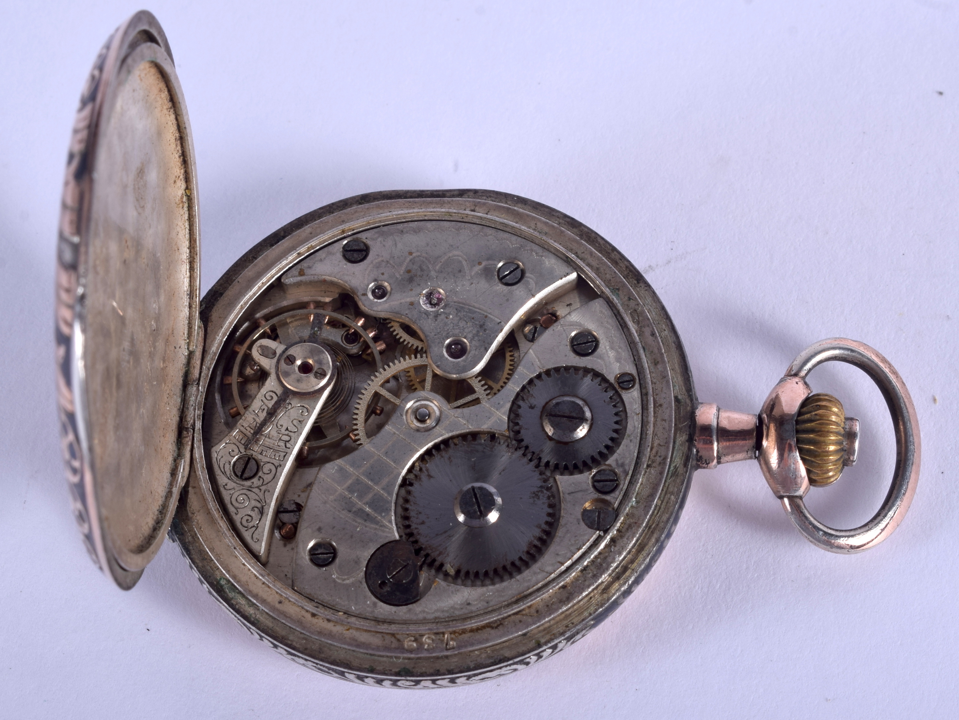 A SILVER NIELLO POCKET WATCH. 4.5 cm wide. - Image 5 of 5