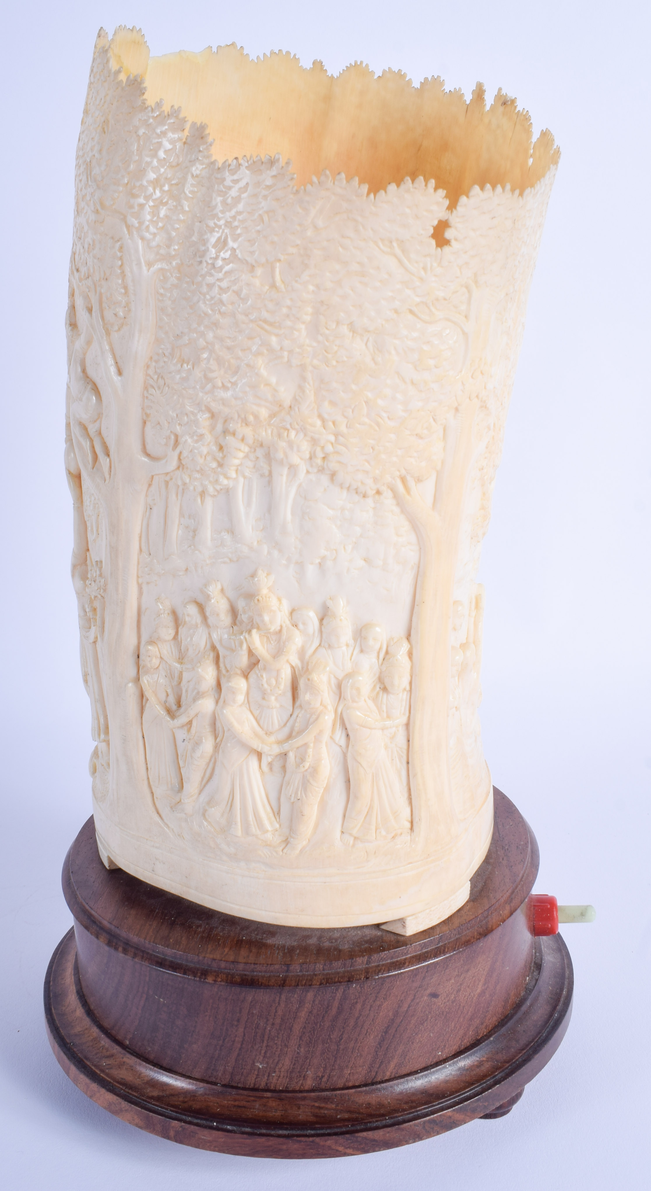 A LARGE 19TH CENTURY ANGLO INDIAN CARVED IVORY VASE converted to a lamp, carved with figures within - Image 3 of 3