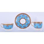 MINTON COFFEE CUP, TEACUP AND SAUCER PAINTED IN A CHRISTOPHER DRESSER STYLE DESIGN. Coffee 6.5cm hi