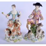 A LARGE PAIR OF CHELSEA DERBY PORCELAIN FIGURINES, formed as a male and female. 27 cm high.