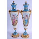 A LARGE PAIR OF ORMOLU MOUNTED SEVRES VASES. 54 cm high.