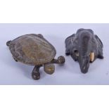 A VINTAGE BRASS BOX IN THE FORM OFA TORTOISE, together with an elephant paperweight. Box 10 cm. (2)