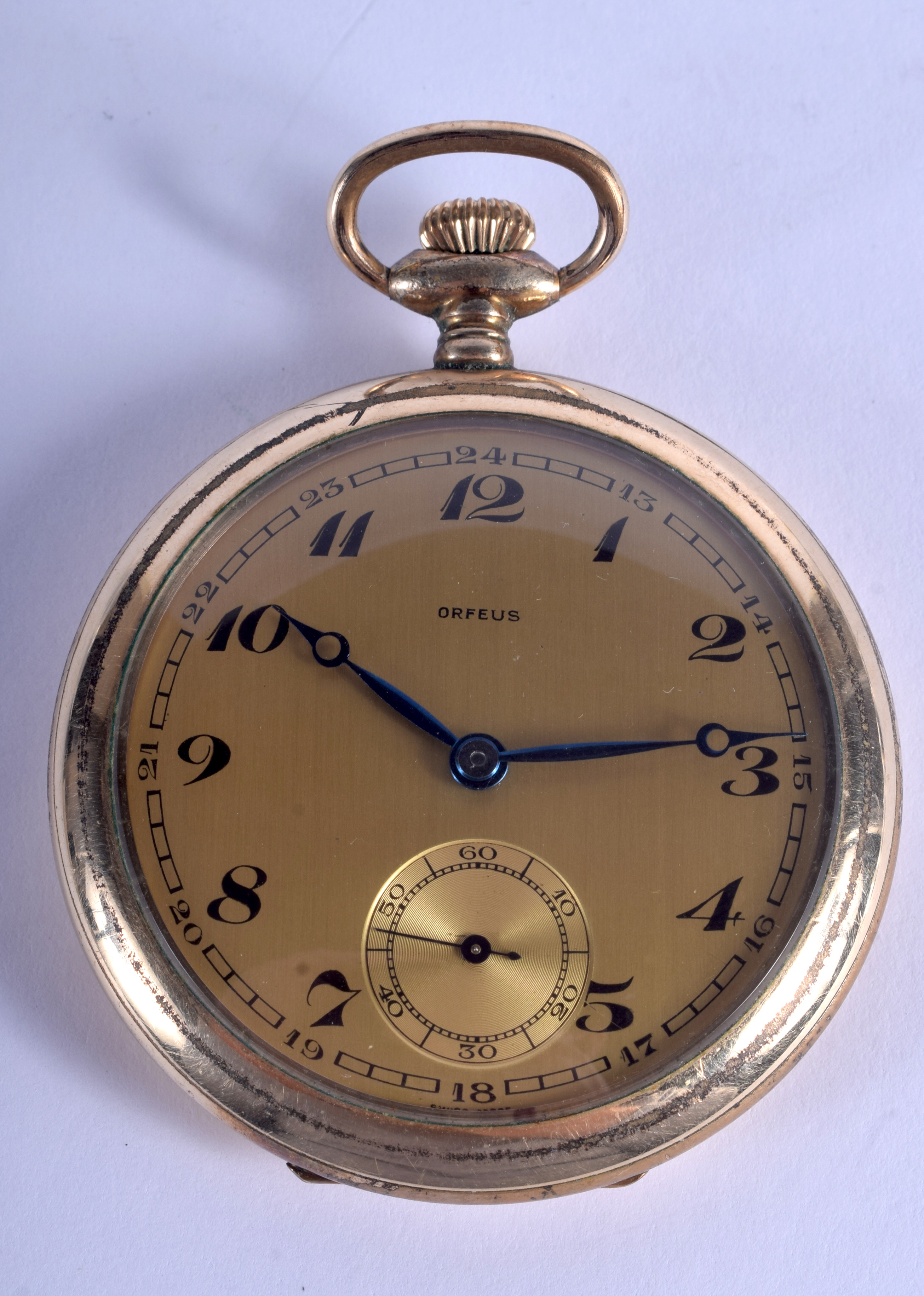 A VINTAGE GOLD PLATED POCKET WATCH. 5 cm wide.