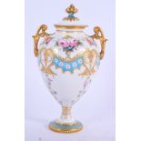 A ROYAL CROWN DERBY VASE AND COVER painted with roses and other flowers with turquoise and gilt high