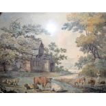 ENGLISH SCHOOL (19th century) FRAMED WATERCOLOUR, cattle in a landscape. 33 cm x 43 cm.