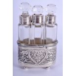 AN ANTIQUE FRENCH TRIPLE GLASS SCENT BOTTLE. 9 cm x 5 cm.