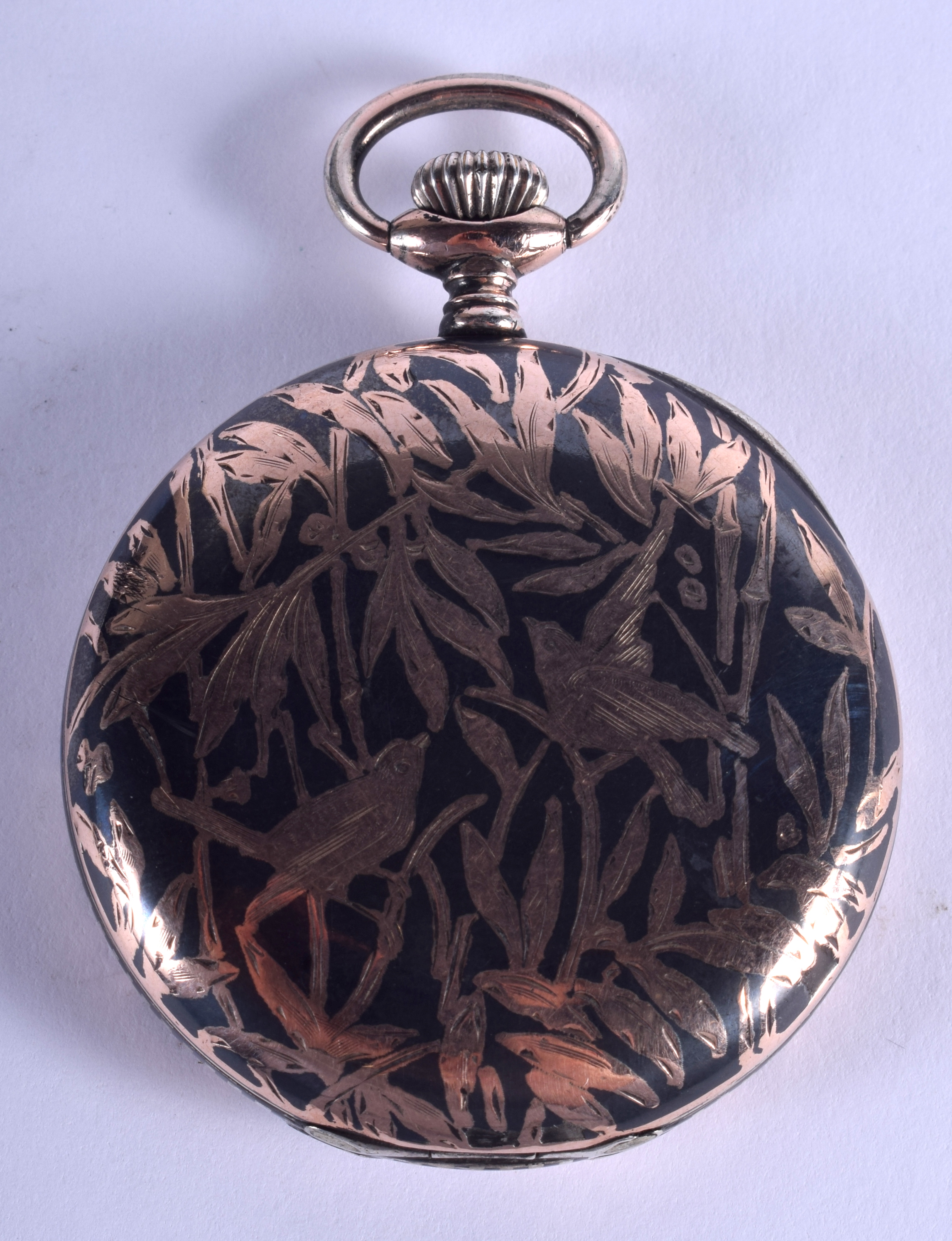 A SILVER NIELLO POCKET WATCH. 4.5 cm wide.