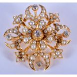 A VICTORIAN 15CT GOLD PEARL AND DIAMOND BROOCH. 8.2 grams. 3.25 cm x 3.25 cm.