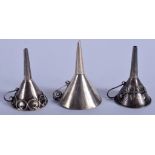 THREE MINIATURE SILVER FUNNELS. (3)