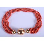 A VICTORIAN 15CT GOLD DIAMOND AND CORAL NECKLACE. 102 grams. Each strand 36 cm long.