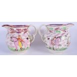 A NEAR PAIR OF MID 19TH CENTURY SUNDERLAND LUSTRE JUGS. 20 cm x 17 cm.