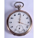 A SILVER OMEGA POCKET WATCH. 5 cm wide.