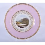 EARLY 19TH C. FLIGHT BARR AND BARR PLATE WITH PINK BORDER PAINTED WITH A NAMED SCENE, RIVER ESK, SCO