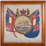 A FRAMED VICTORIAN MARITIME WOOLWORK 'HORNET' EMBROIDERY formed within French & English flags. Image