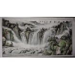 A LARGE CHINESE INKWORK WATERCOLOUR LANDSCAPE PANEL 20th Century, c1951 or 2011. Image 165 cm x 80 c