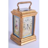 A MINIATURE CONTINENTAL BRASS AND PORCELAIN CARRIAGE CLOCK. 9.5 cm inc handle.