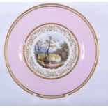 EARLY 19TH C. FLIGHT BARR AND BARR PLATE WITH PINK BORDER PAINTED WITH A NAMED SCENE, BICKLEIGH VALE