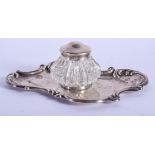 AN ANTIQUE SILVER AND GLASS INKWELL. 15 cm wide.